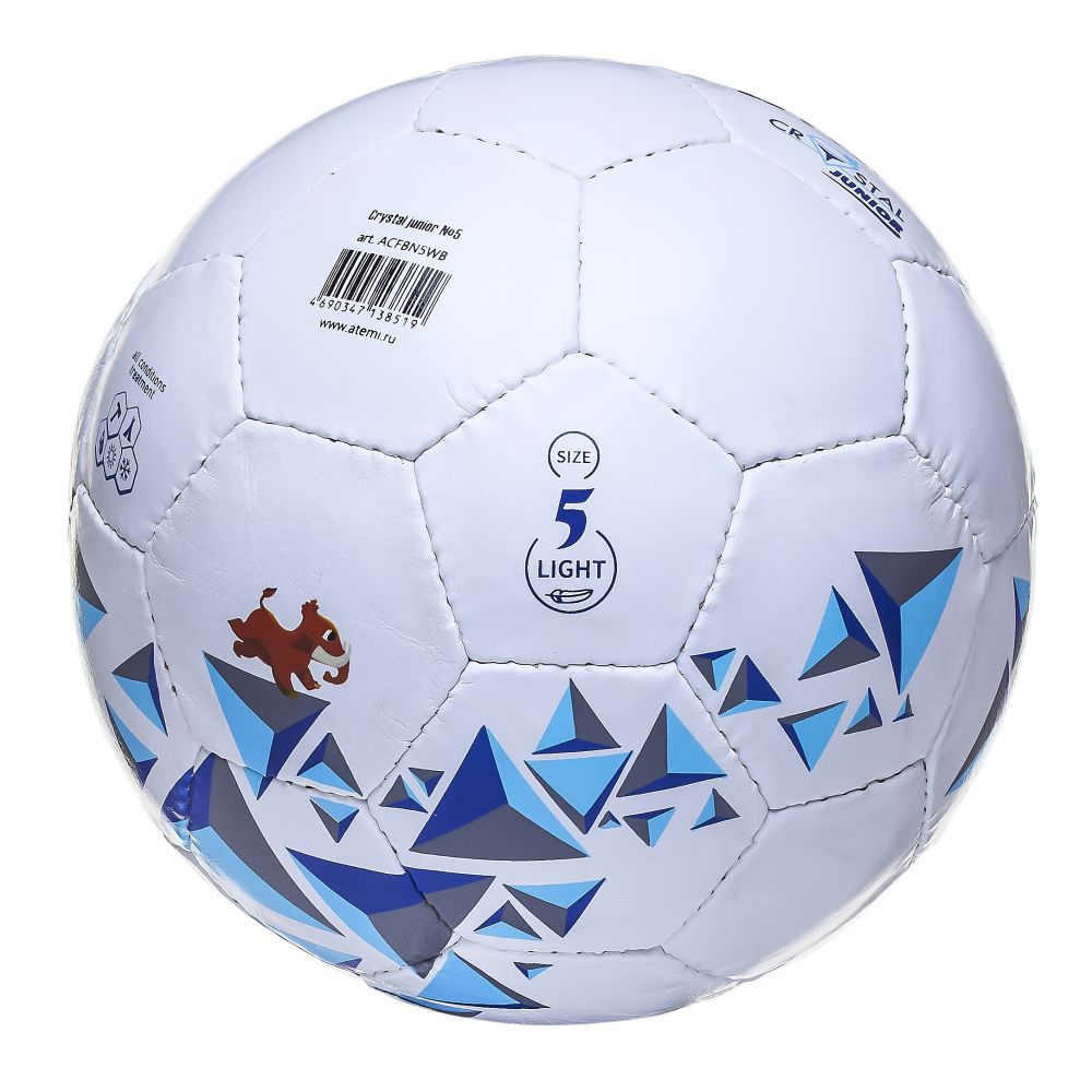 Мяч футбольный ATEMI CRYSTAL JUNIOR, PVC, бел/син/гол, р.5, 7-10лет, р/ш,  окруж